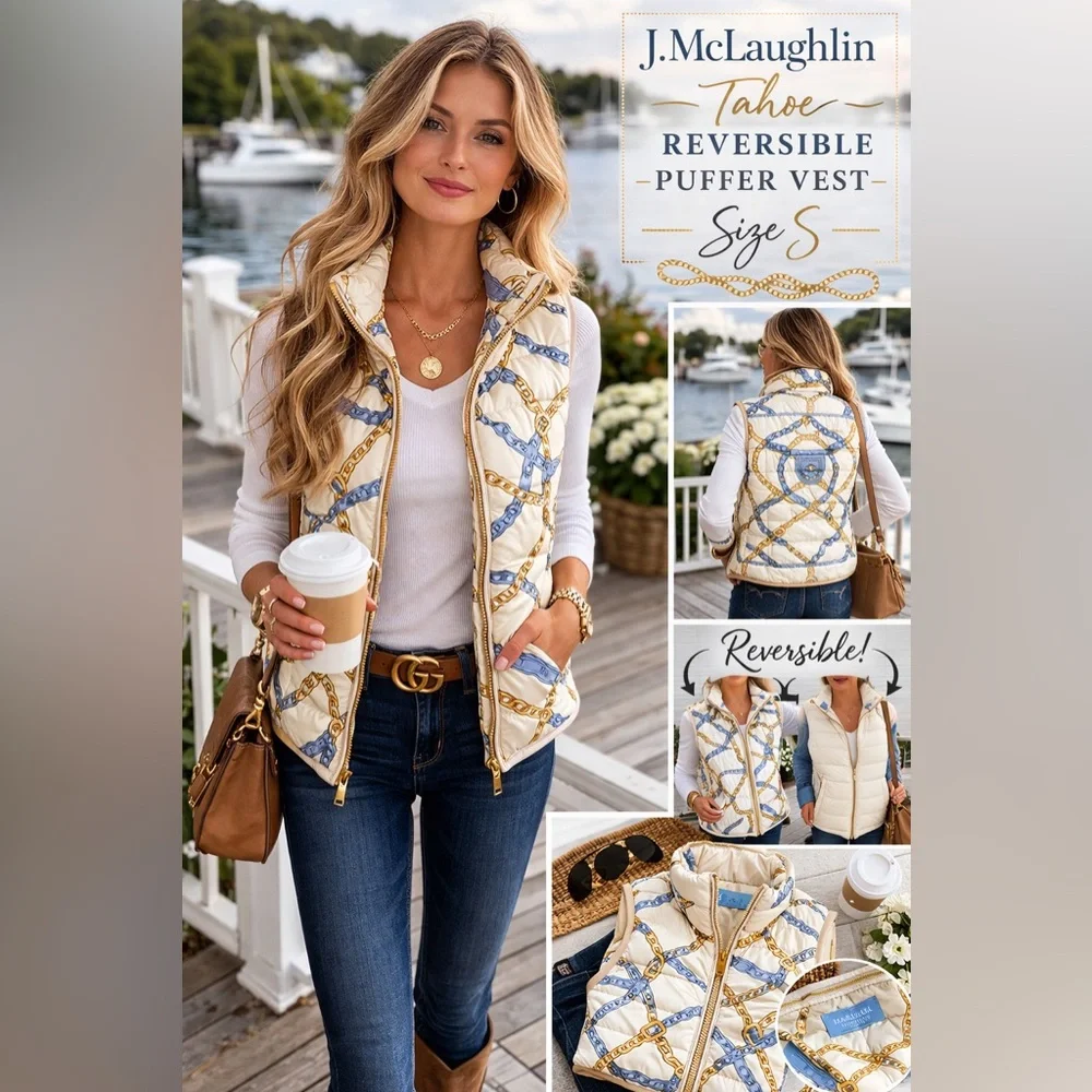 J McLaughlin Tahoe Reversible Down Puffer Vest Rope Print Small - Picture 1 of 5